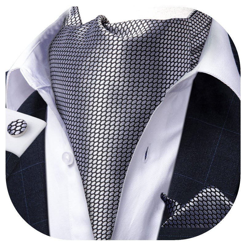 DiBanGu Silver Ascot Ties for Men Cravat Tie and Pocket Square Set Jacquard Silk Ascot Paisley Cravat for Men - Image 2